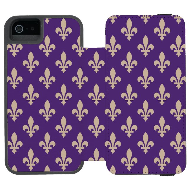 Fleur de Lis Pattern, Royal French Cream on Purple Incipio iPhone Wallet Case (Folio Open)