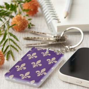 Fleur de Lis Pattern, Royal French Cream on Purple Key Ring