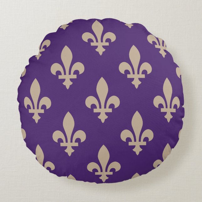 Fleur de Lis Pattern, Royal French Cream on Purple Round Cushion (Front)