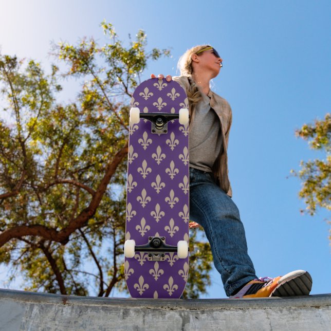 Fleur de Lis Pattern, Royal French Cream on Purple Skateboard (Outdoor 1)