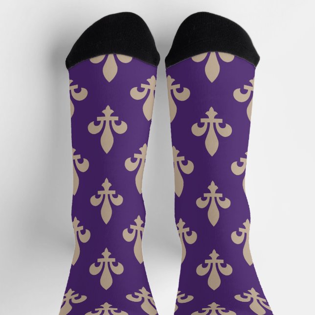 Fleur de Lis Pattern, Royal French Cream on Purple Socks (Top)