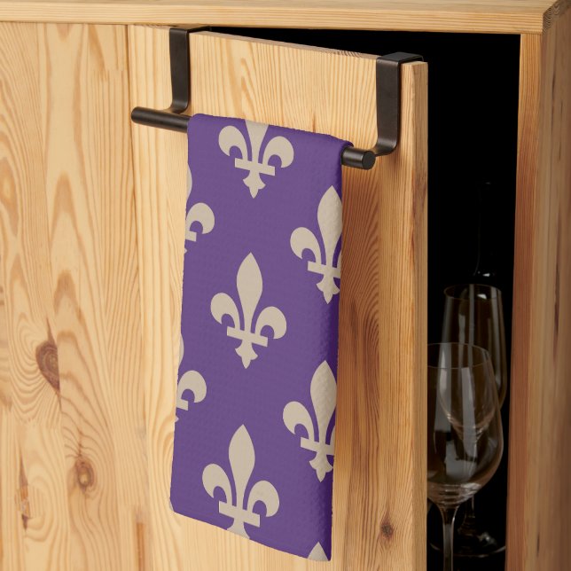 Fleur de Lis Pattern, Royal French Cream on Purple Tea Towel (Thirds Fold)