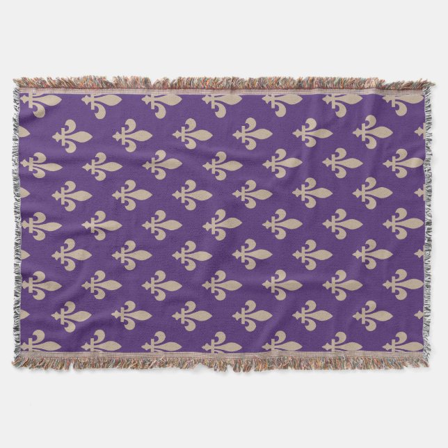 Fleur de Lis Pattern, Royal French Cream on Purple Throw Blanket (Front)