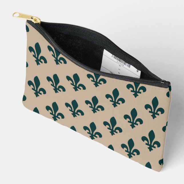 Fleur de Lis Pattern, Royal French Green on Cream Accessory Pouch (Open)