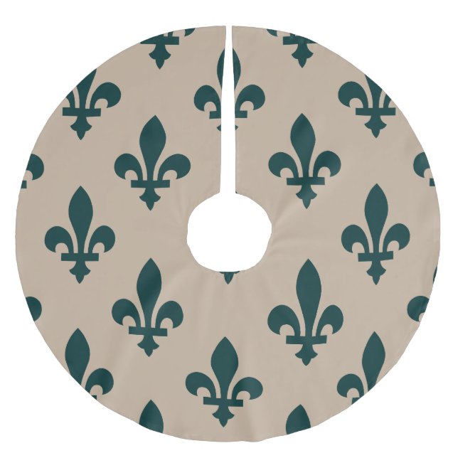 Fleur de Lis Pattern, Royal French Green on Cream Brushed Polyester Tree Skirt (Front)