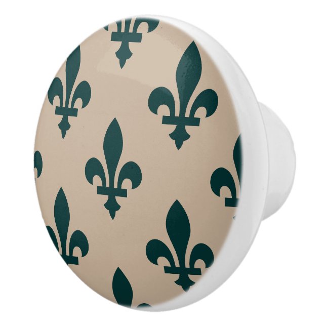 Fleur de Lis Pattern, Royal French Green on Cream Ceramic Knob (Right)