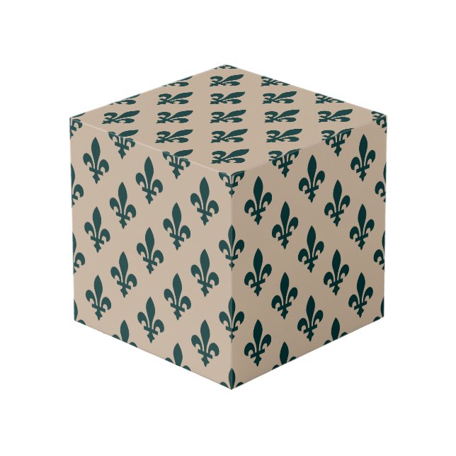 Fleur de Lis Pattern, Royal French Green on Cream Cube (Front Angled)