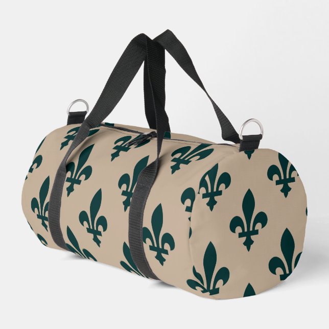 Fleur de Lis Pattern, Royal French Green on Cream Duffle Bag (Left Corner)