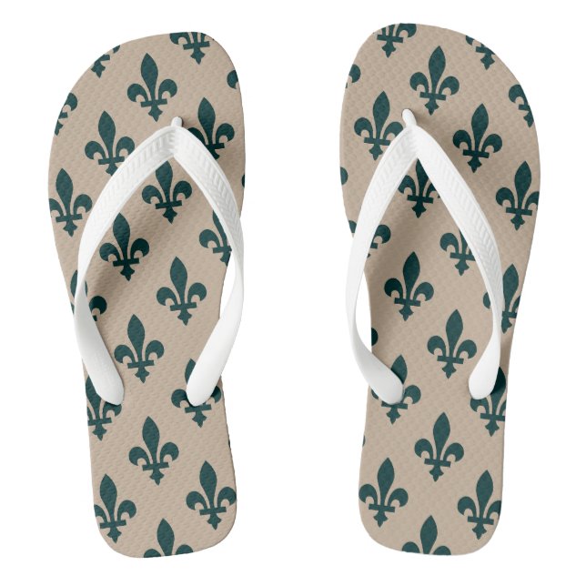 Fleur de Lis Pattern, Royal French Green on Cream Flip Flops (Footbed)