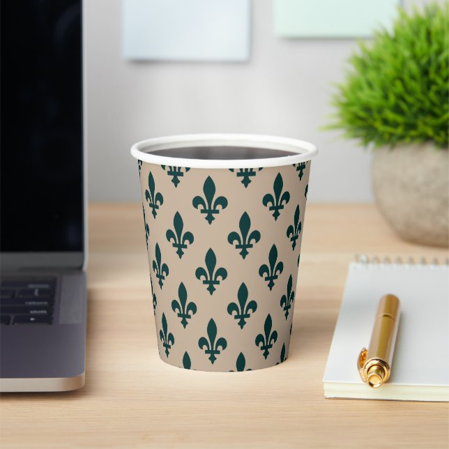 Fleur de Lis Pattern, Royal French Green on Cream Paper Cups (Insitu)