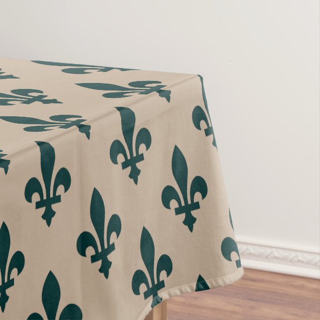 Fleur de Lis Pattern, Royal French Green on Cream Tablecloth (In Situ)