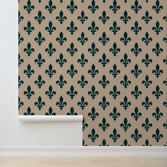 Fleur de Lis Pattern, Royal French Green on Cream Wallpaper (Application)