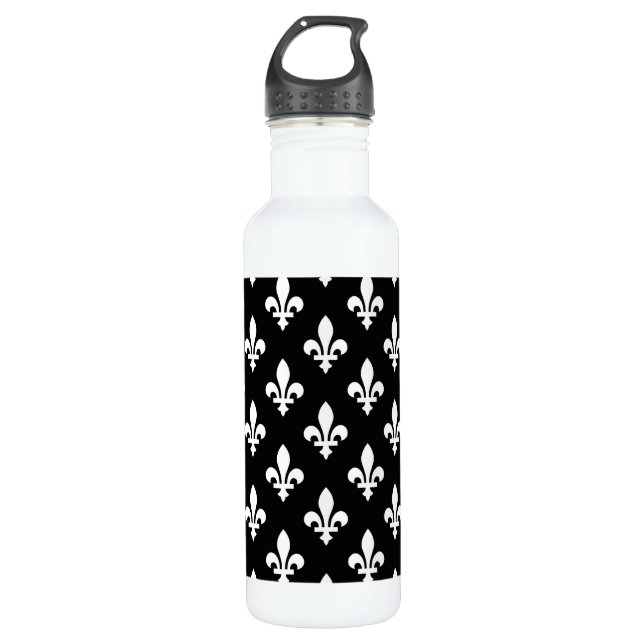 Fleur de Lis Pattern, Royal French, White on Black 710 Ml Water Bottle (Front)