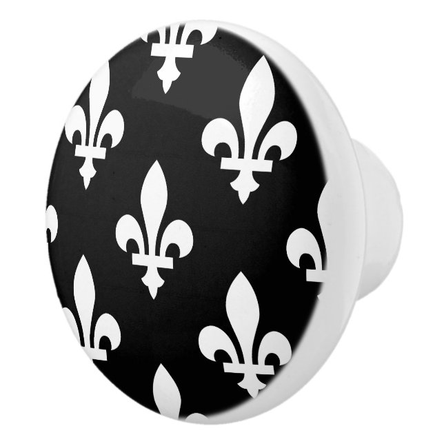 Fleur de Lis Pattern, Royal French, White on Black Ceramic Knob (Right)