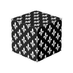 Fleur de Lis Pattern, Royal French, White on Black Cube