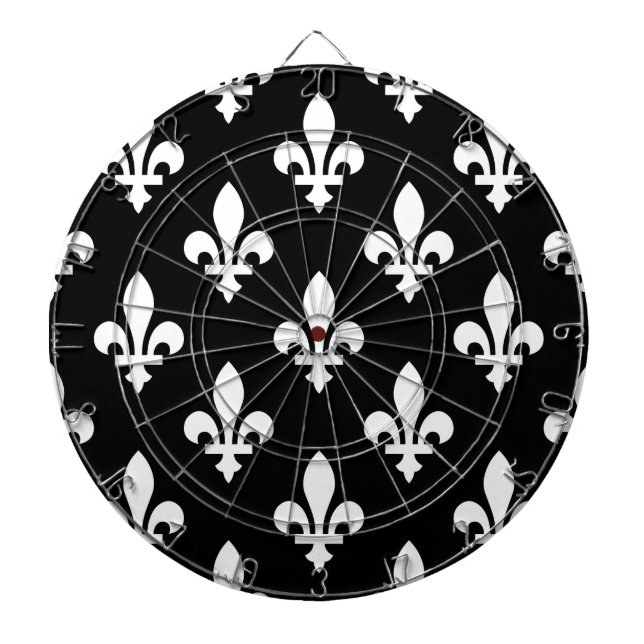 Fleur de Lis Pattern, Royal French, White on Black Dartboard (Front)