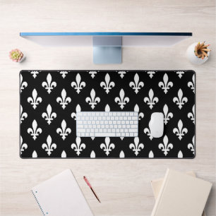 Fleur de Lis Pattern, Royal French, White on Black Desk Mat