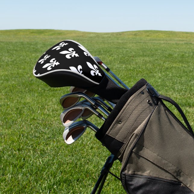Fleur de Lis Pattern, Royal French, White on Black Golf Head Cover (In Situ)