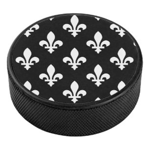 Fleur de Lis Pattern, Royal French, White on Black Hockey Puck