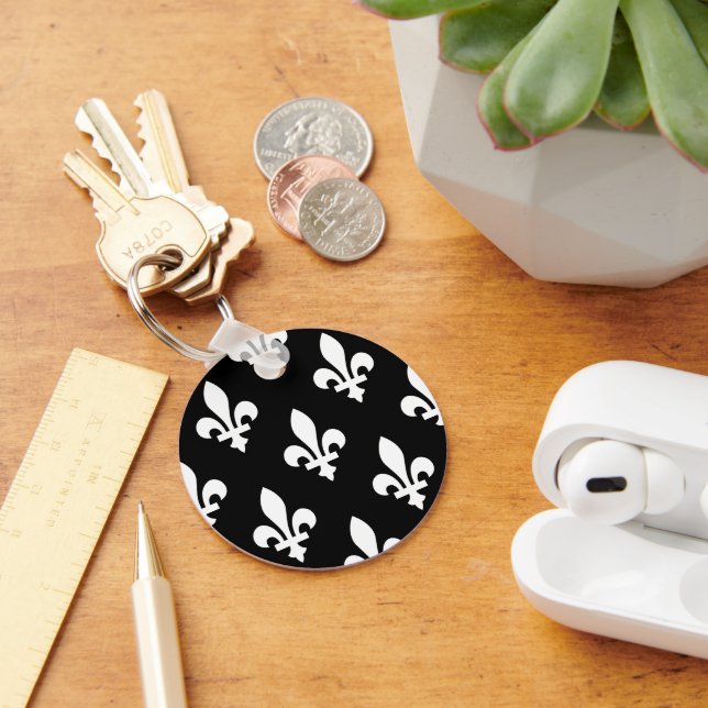 Fleur de Lis Pattern, Royal French, White on Black Key Ring (Desk)