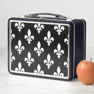 Fleur de Lis Pattern, Royal French, White on Black Metal Lunch Box