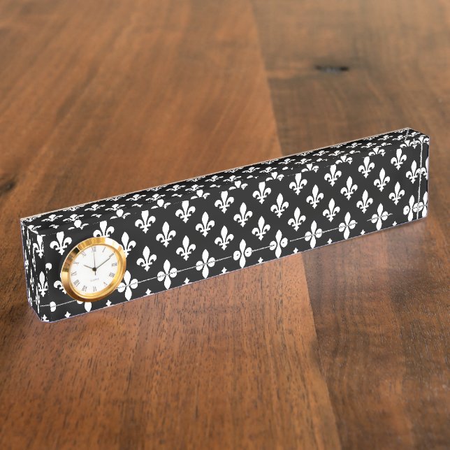 Fleur de Lis Pattern, Royal French, White on Black Nameplate (Side)