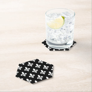 Fleur de Lis Pattern, Royal French, White on Black Paper Coaster