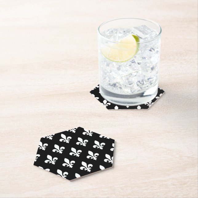 Fleur de Lis Pattern, Royal French, White on Black Paper Coaster (Insitu)