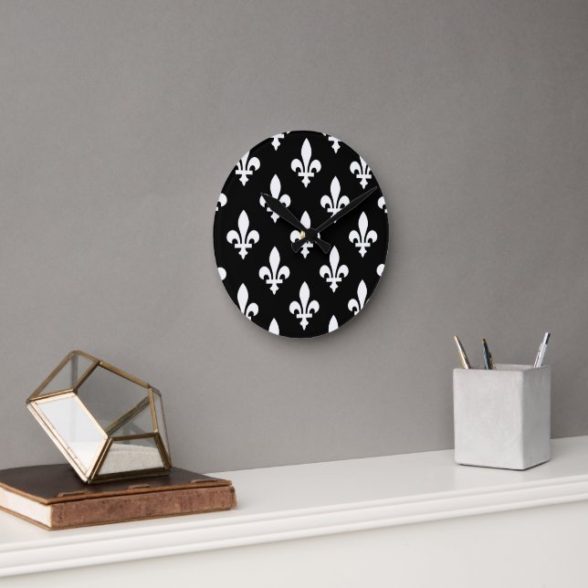 Fleur de Lis Pattern, Royal French, White on Black Round Clock (Office)
