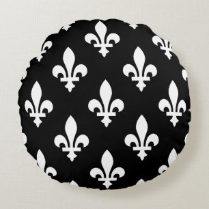 Fleur de Lis Pattern, Royal French, White on Black Round Cushion