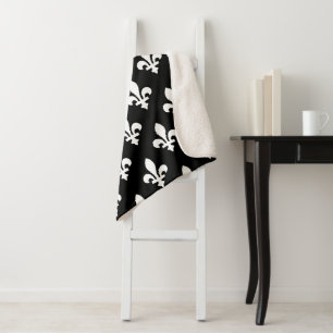 Fleur de Lis Pattern, Royal French, White on Black Sherpa Blanket