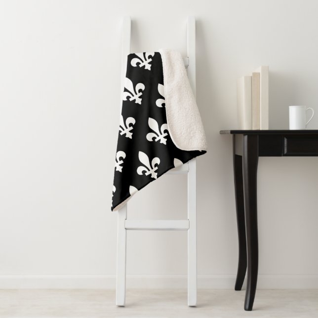 Fleur de Lis Pattern, Royal French, White on Black Sherpa Blanket (In Situ)