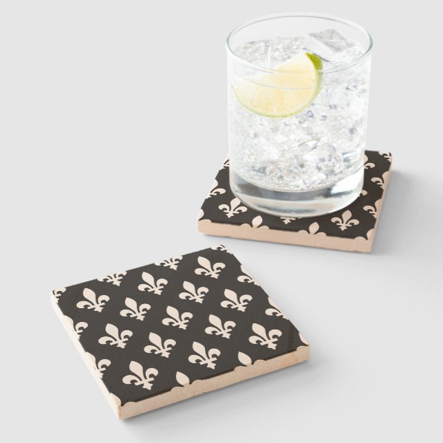 Fleur de Lis Pattern, Royal French, White on Black Stone Coaster (Side)