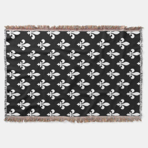 Fleur de Lis Pattern, Royal French, White on Black Throw Blanket