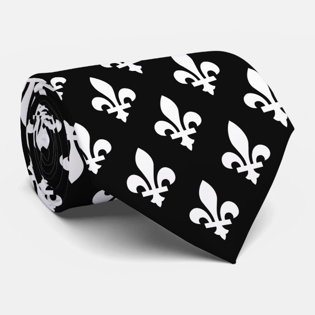 Fleur de Lis Pattern, Royal French, White on Black Tie (Rolled)
