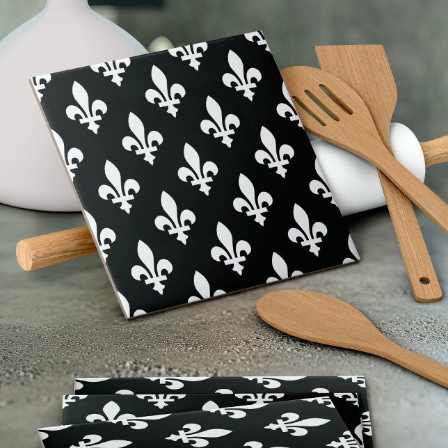 Fleur de Lis Pattern, Royal French, White on Black Tile (Creator Uploaded)