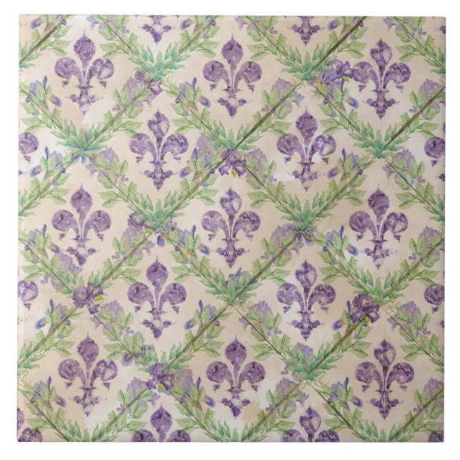 Fleur-de-lis pattern - watercolor Iris Tile (Front)