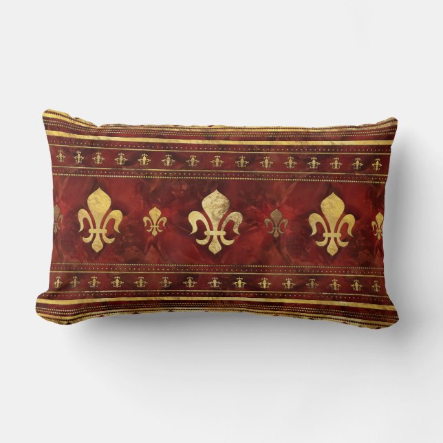 Fleur-de-lis Red Marble and Gold Lumbar Cushion (Front)