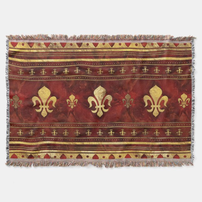 Fleur-de-lis Red Marble and Gold Throw Blanket (Front)