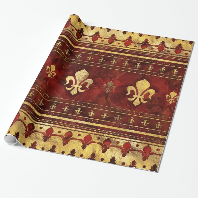 Fleur-de-lis Red Marble and Gold Wrapping Paper (Unrolled)