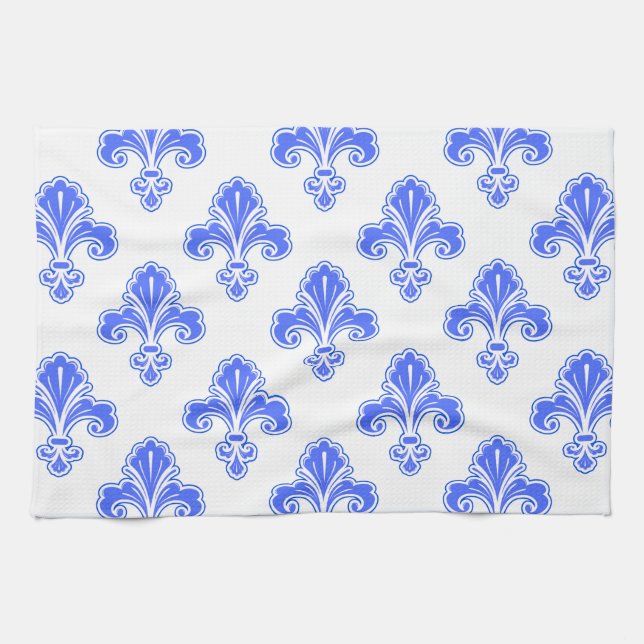 Fleur-de-lis, Royal Blue & White Tea Towel (Horizontal)