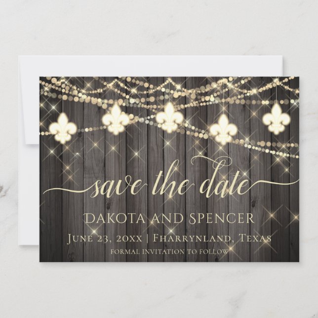 Fleur de Lis Rustic Lights | Boho Chic Wedding Save The Date (Front)