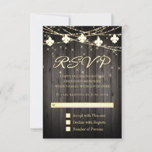 Fleur de Lis Rustic Lights   Wood Boho Chic RSVP Card