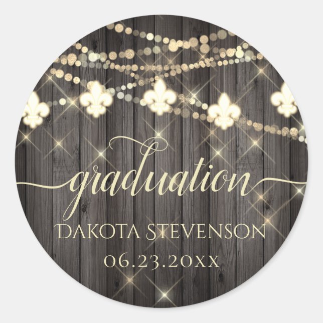 Fleur de Lis Rustic Lights | Wood Graduation Classic Round Sticker (Front)