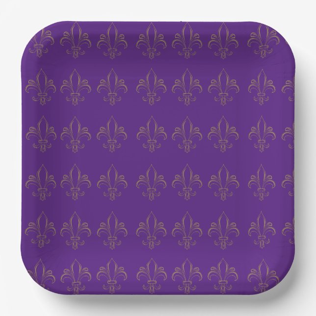 Fleur De Lis Simple Elegant Purple and Gold  Paper Plate (Front)