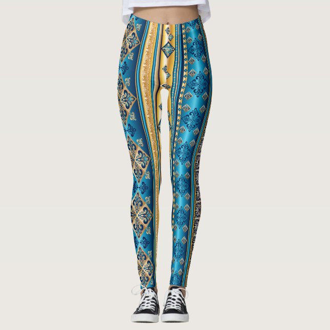 Fleur de lis Smoky Blue Gold Yellow Ethnic Pattern Leggings (Front)