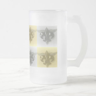 FLEUR DE LIS, SOFT GOLD AND SILVER PRINT - FROSTED GLASS BEER MUG