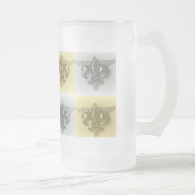 FLEUR DE LIS, SOFT GOLD AND SILVER PRINT - FROSTED GLASS BEER MUG (Right)