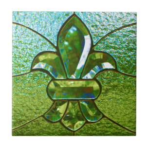 Fleur De Lis Stained Glass Green Tile