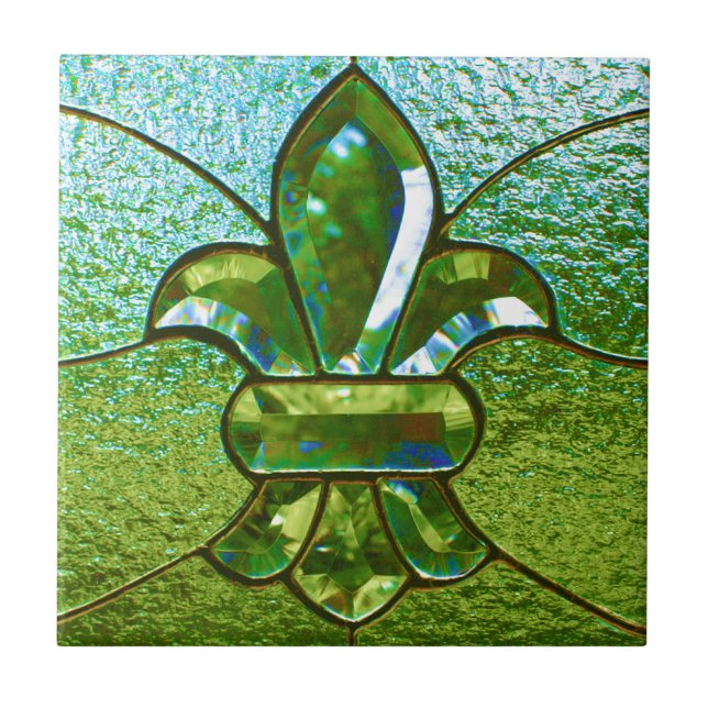 Fleur De Lis Stained Glass Green Tile (Front)